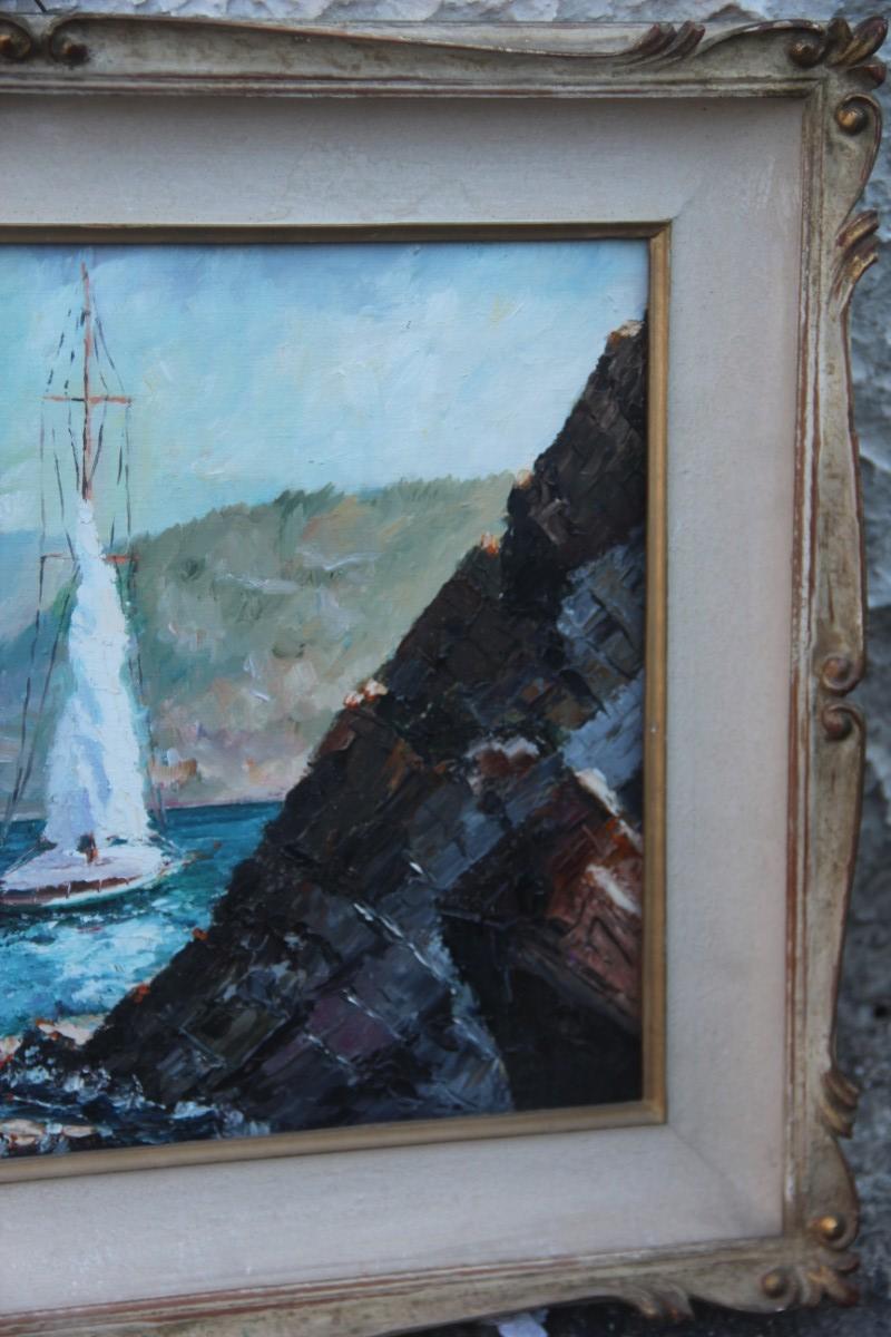 Mid-Century Modern Oil on Cardboard Boats on the Sea in 1940 with Lacquered Frame For Sale