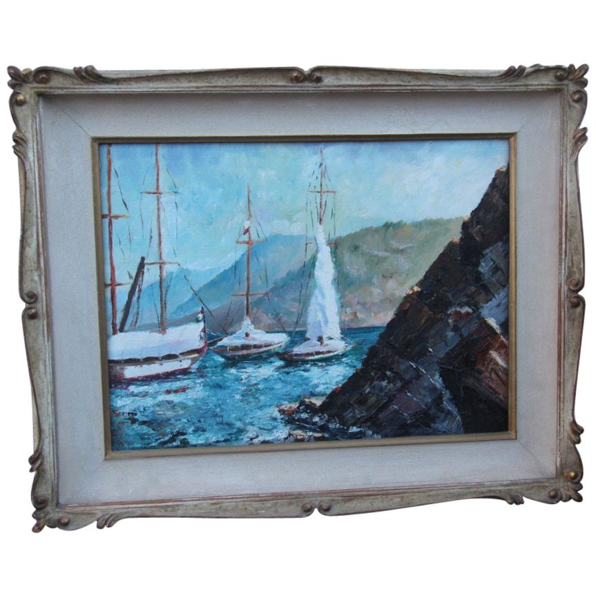 Oil on Cardboard Boats on the Sea in 1940 with Lacquered Frame For Sale