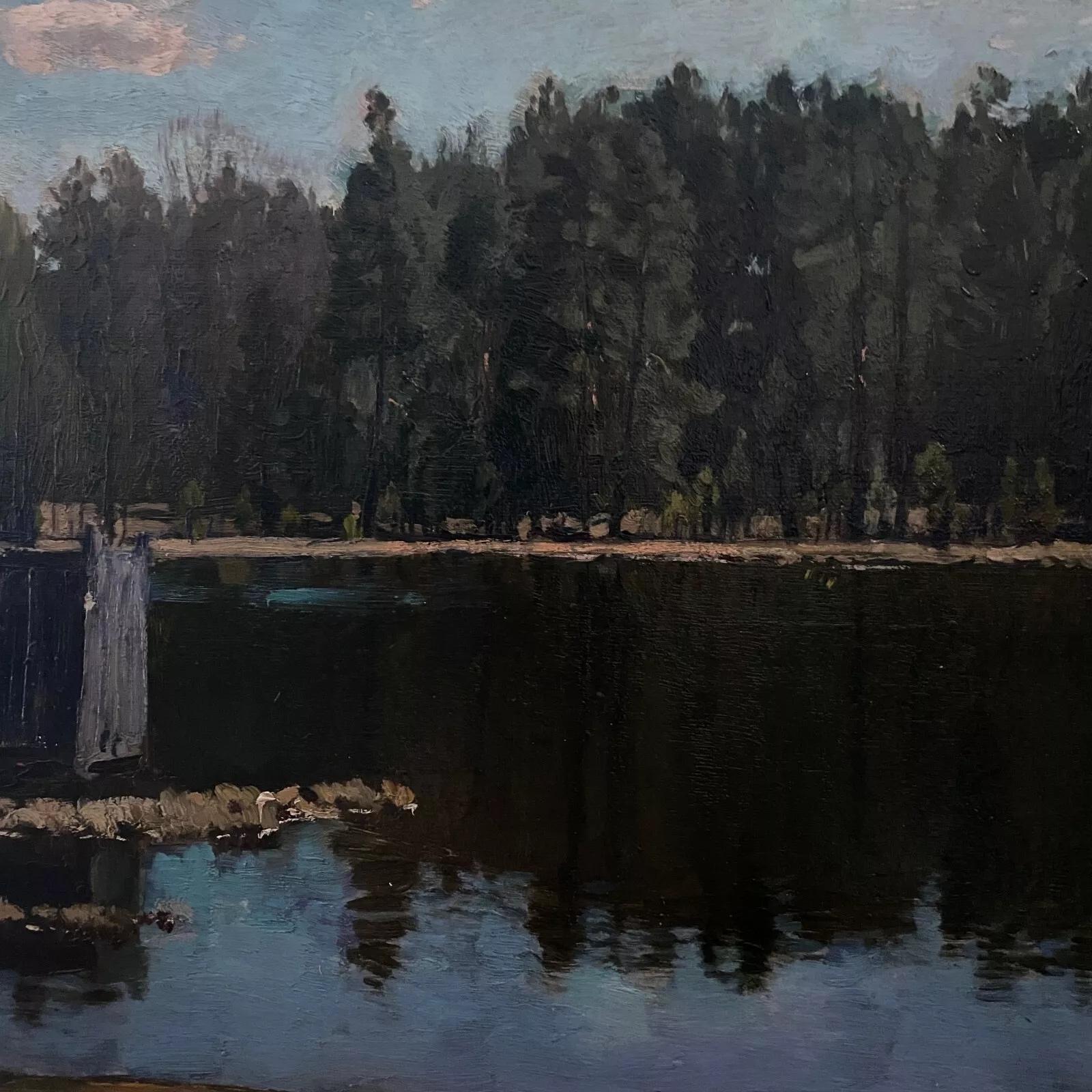 Oil on cardboard by Stanislaw Zukowski body of water at dusk For Sale 4