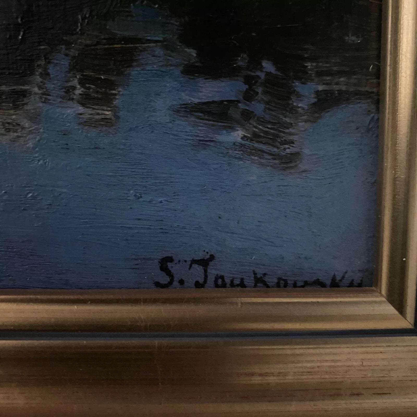 19th Century Oil on cardboard by Stanislaw Zukowski body of water at dusk For Sale