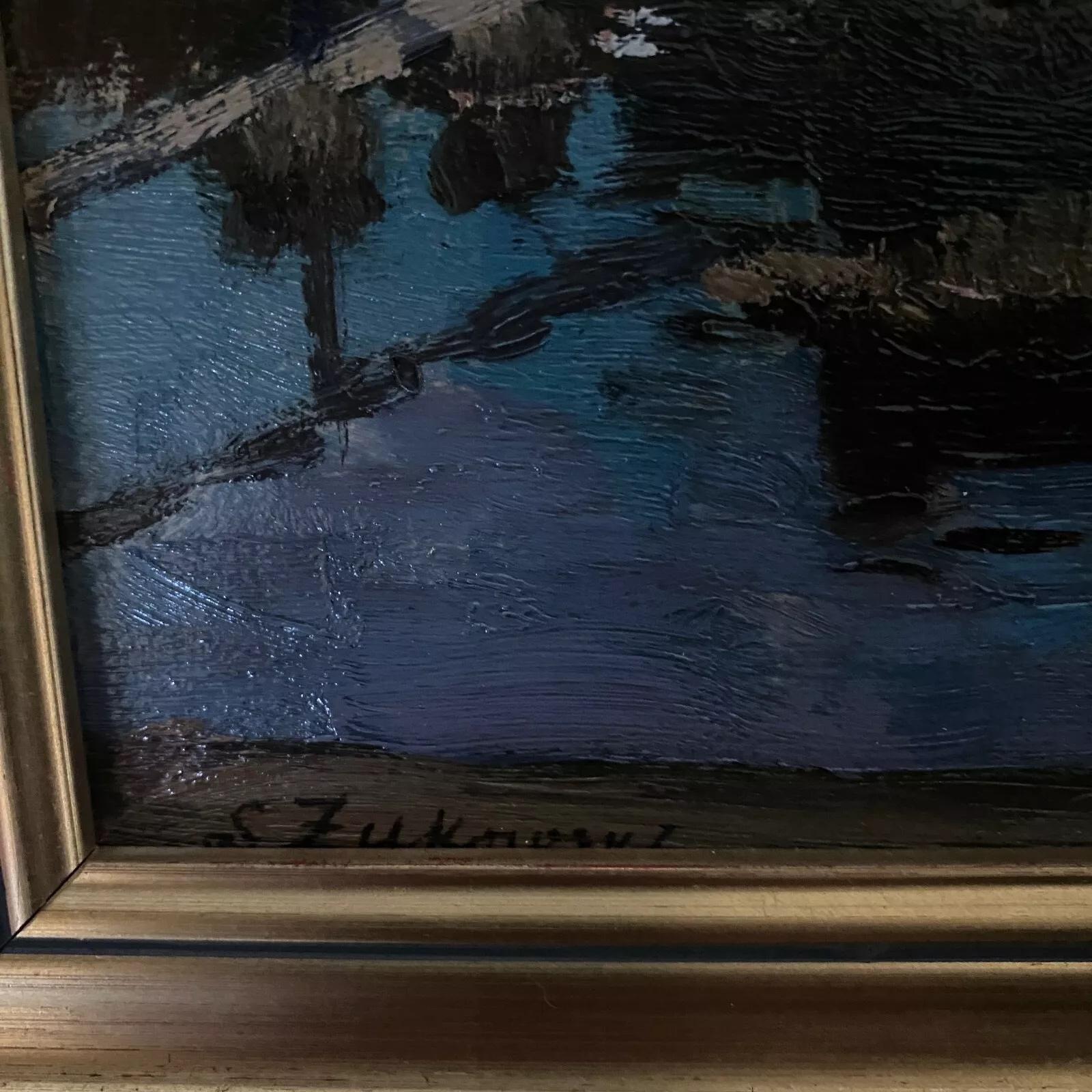 Paint Oil on cardboard by Stanislaw Zukowski body of water at dusk For Sale