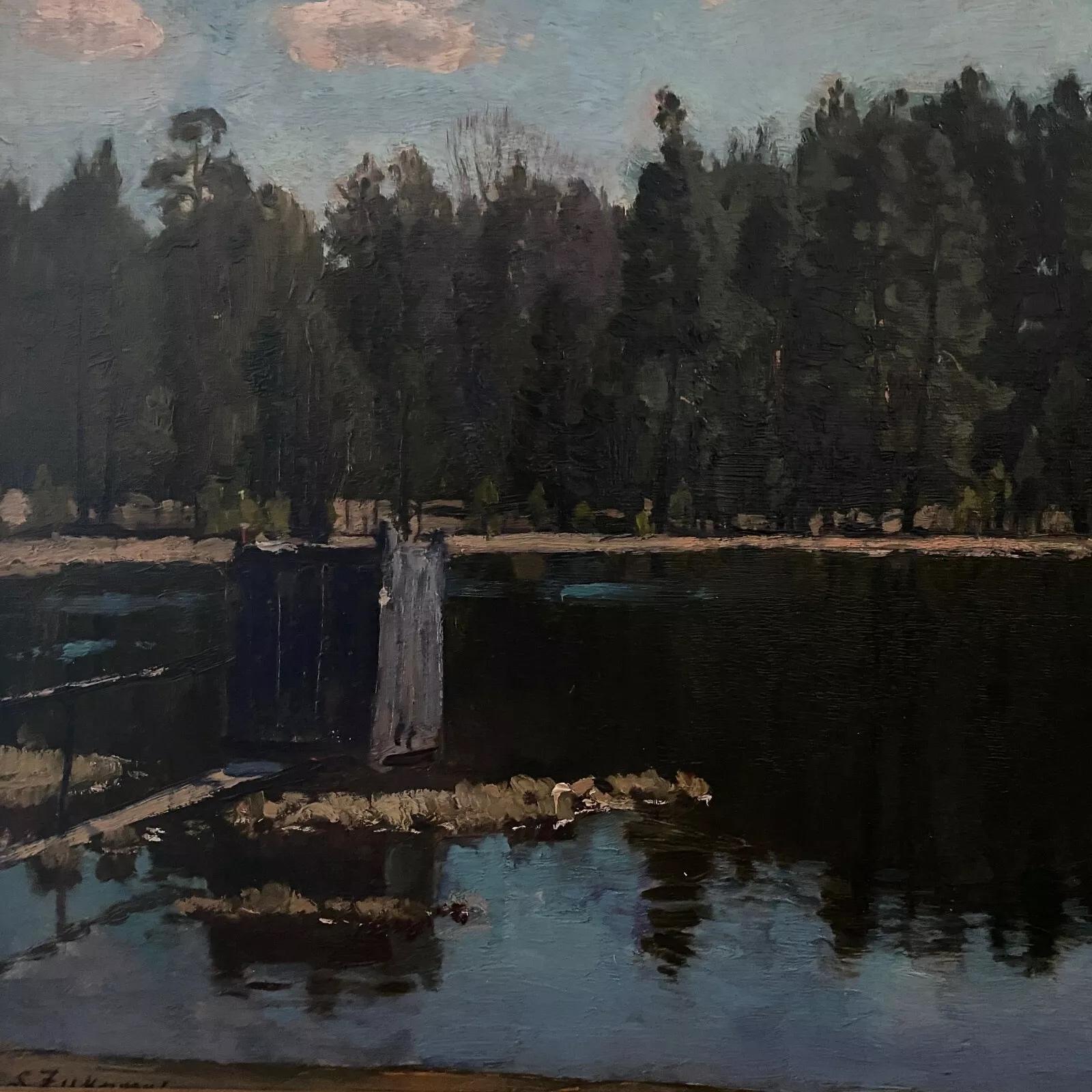 Oil on cardboard by Stanislaw Zukowski body of water at dusk For Sale 1