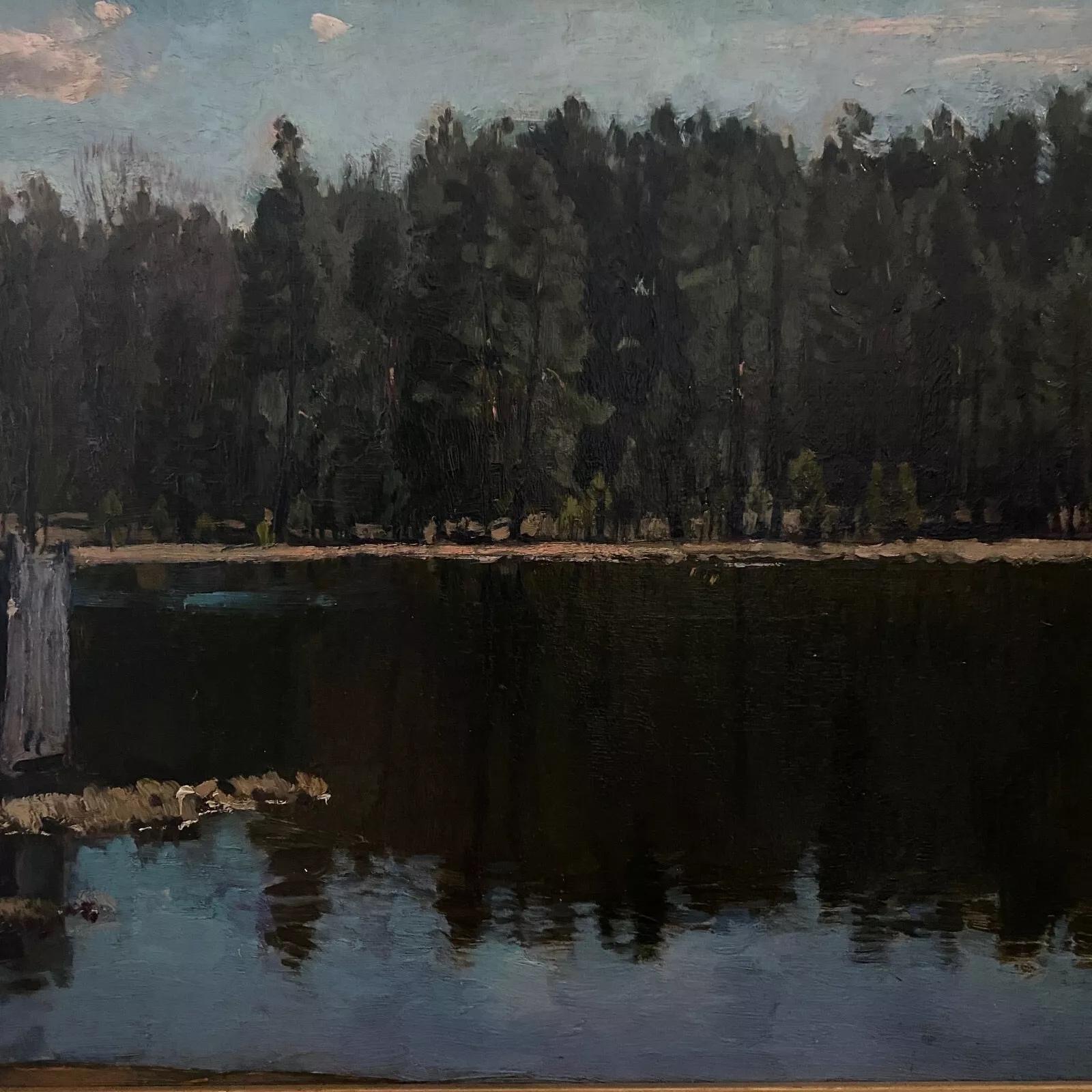 Oil on cardboard by Stanislaw Zukowski body of water at dusk For Sale 2