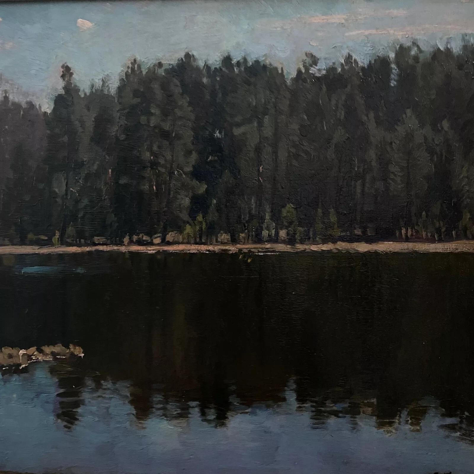 Oil on cardboard by Stanislaw Zukowski body of water at dusk For Sale 3