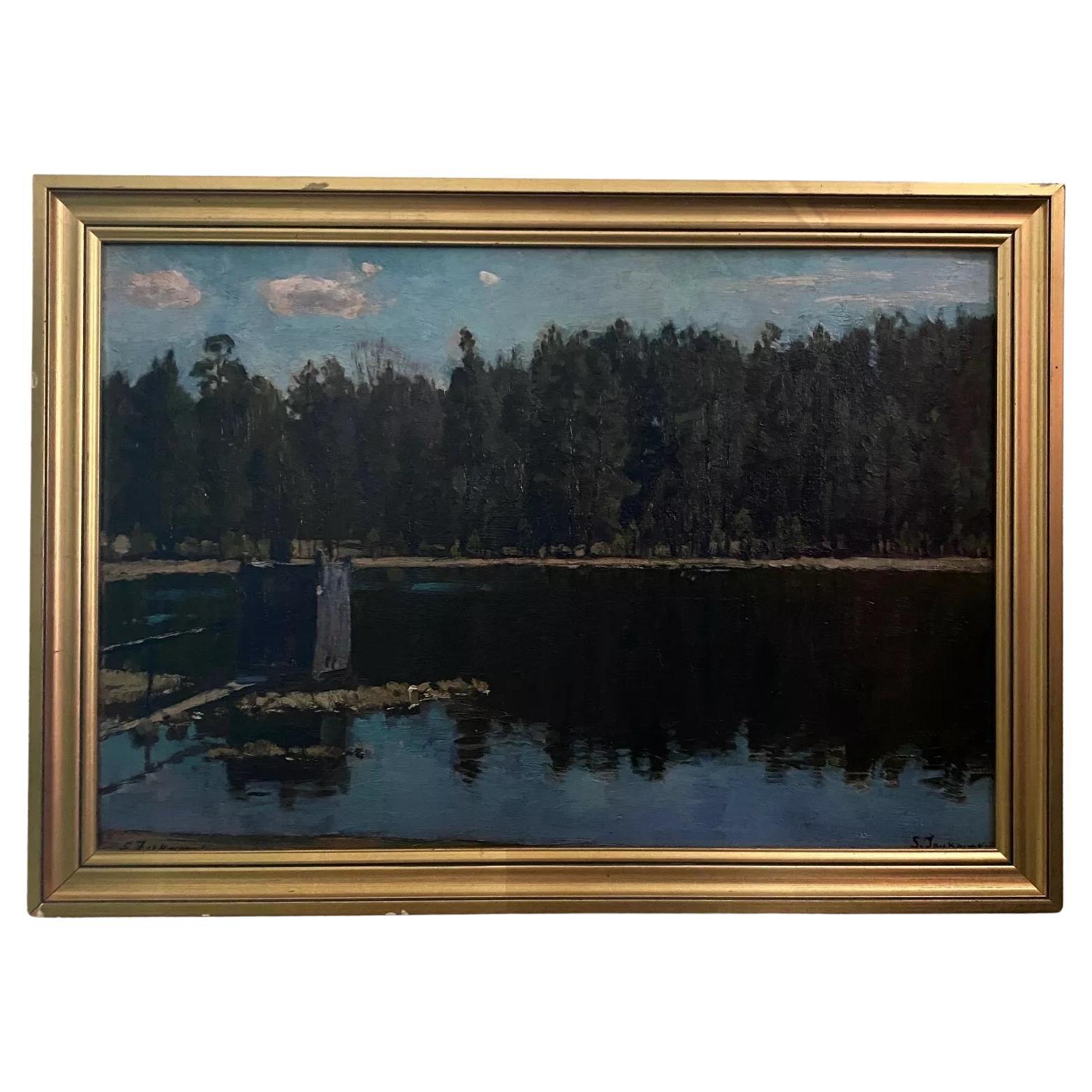 Óleo sobre cartón de Stanislaw Zukowski cuerpo de agua al atardecer