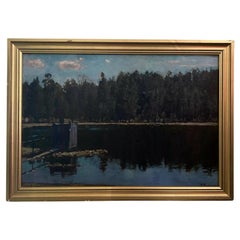 Olio su cartone di Stanislaw Zukowski Corpo d'acqua al crepuscolo