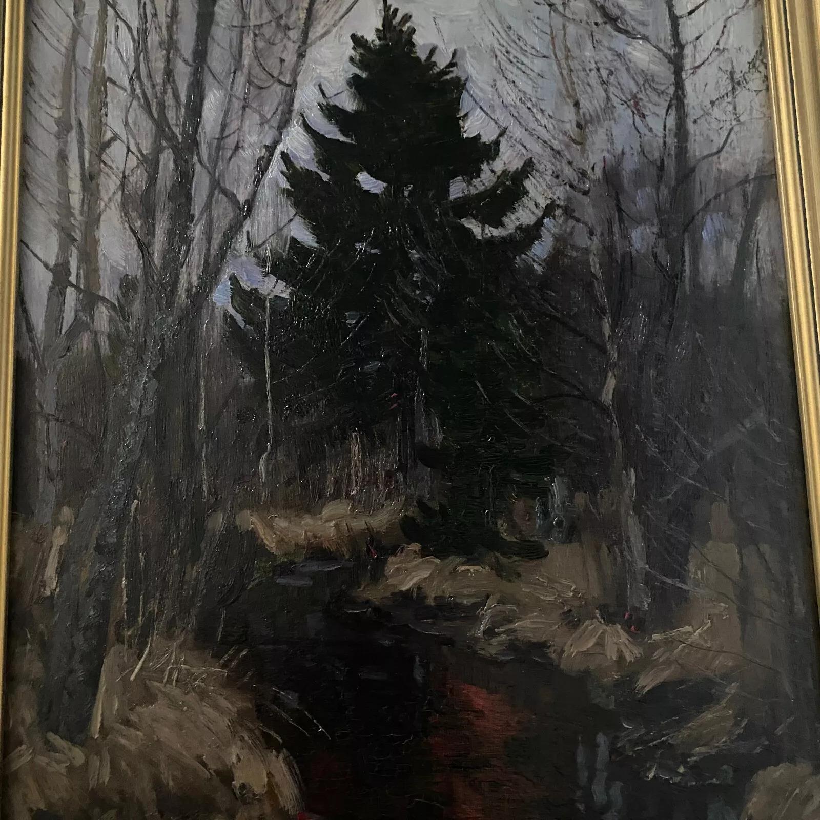 Oil On Cardboard by Stanislaw Zukowski Stream in an Undergrowth For Sale 4