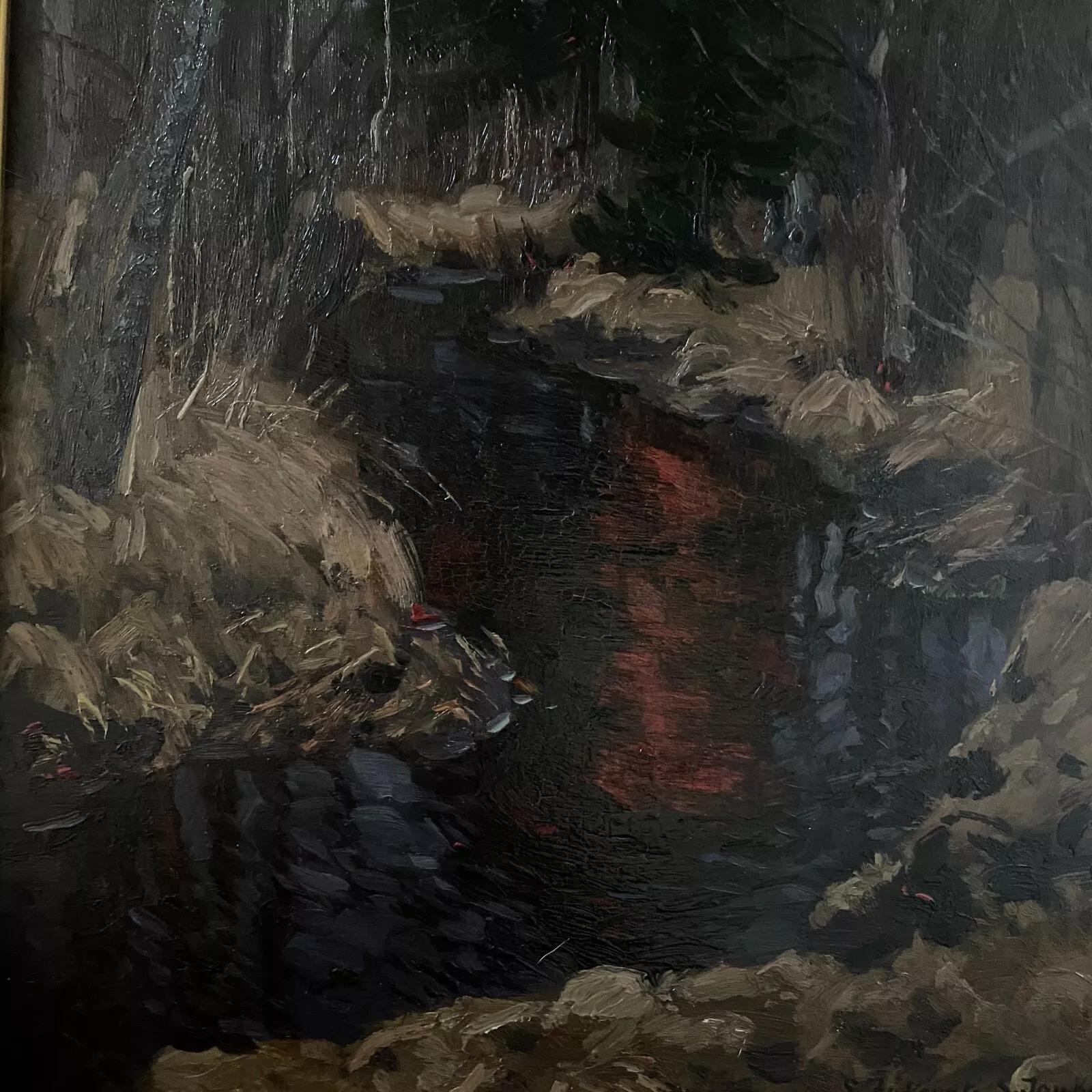 Oil On Cardboard by Stanislaw Zukowski Stream in an Undergrowth For Sale 5