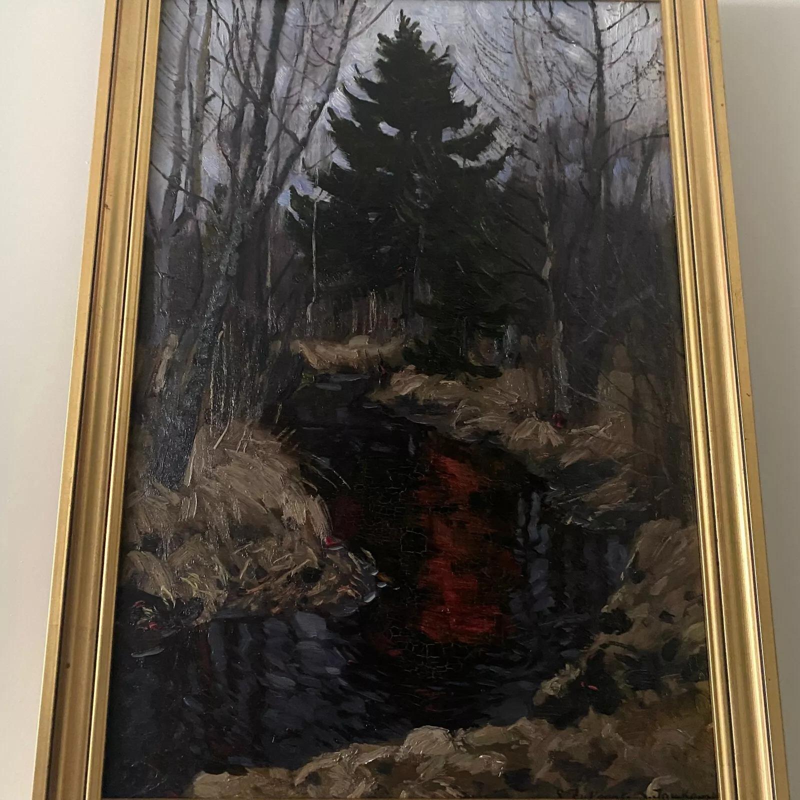 Paint Oil On Cardboard by Stanislaw Zukowski Stream in an Undergrowth For Sale