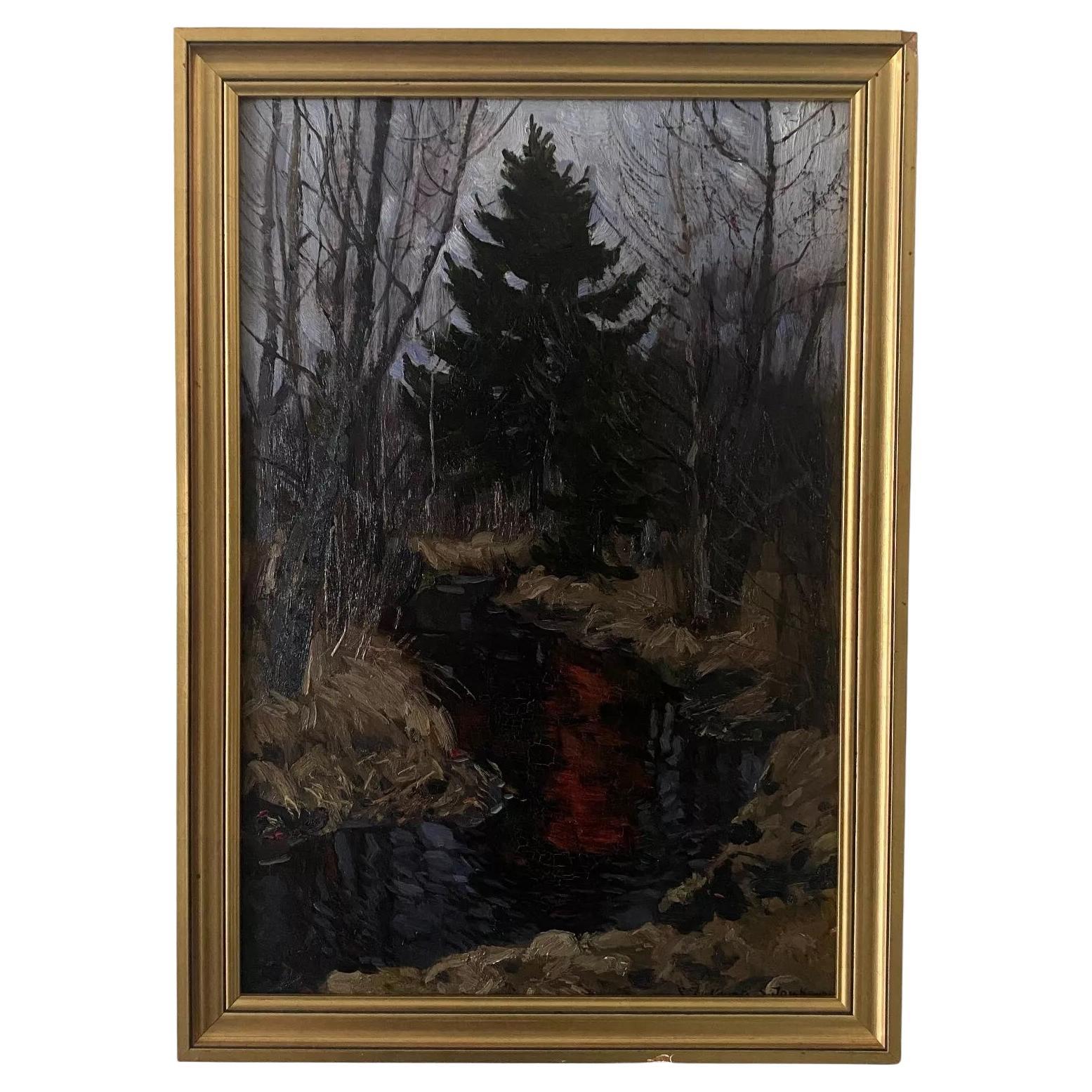 Olio su cartone di Stanislaw Zukowski Ruscello nel sottobosco