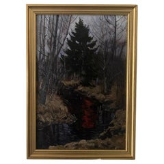 Olio su cartone di Stanislaw Zukowski Ruscello nel sottobosco