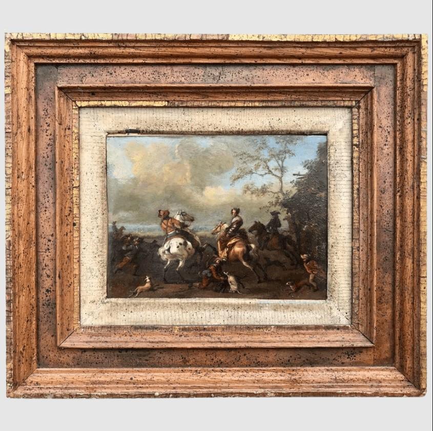An oil on copper painting of a hawking scene attributed to Carel Van Falens. Circa 1700.

A fascinating picture showing elegant mounted figures with their attendants on foot, with a hawk, and hunting dogs.
Carel Van Falens / Van Valens