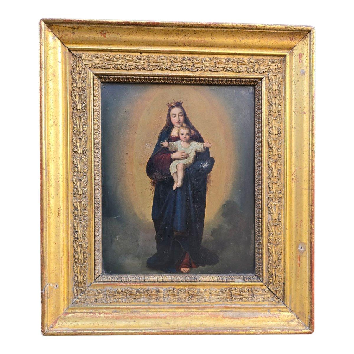 Gréco-romain Huile sur cuivre - Vierge Marie avec l'enfant du Christ, 18e siècle avec bois sculpté en vente