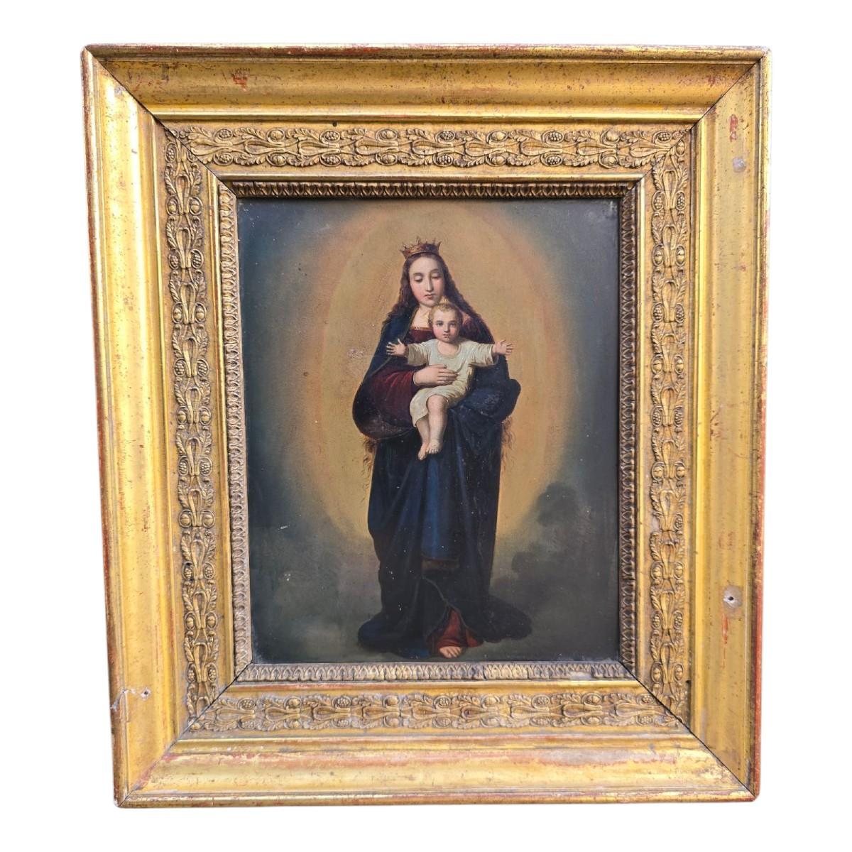 Européen Huile sur cuivre - Vierge Marie avec l'enfant du Christ, 18e siècle avec bois sculpté en vente
