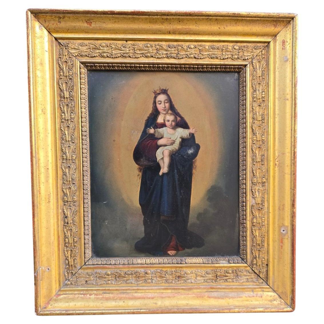 Óleo sobre cobre - Virgen María con el Niño Jesús, siglo XVIII con madera tallada