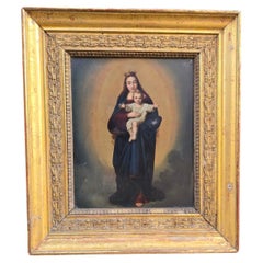 Huile sur cuivre - Vierge Marie avec l'enfant du Christ, 18e siècle avec bois sculpté