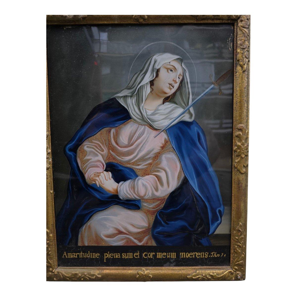 Européen Huile sur verre représentant Notre-Dame des Douleurs - XVIIIe siècle en vente