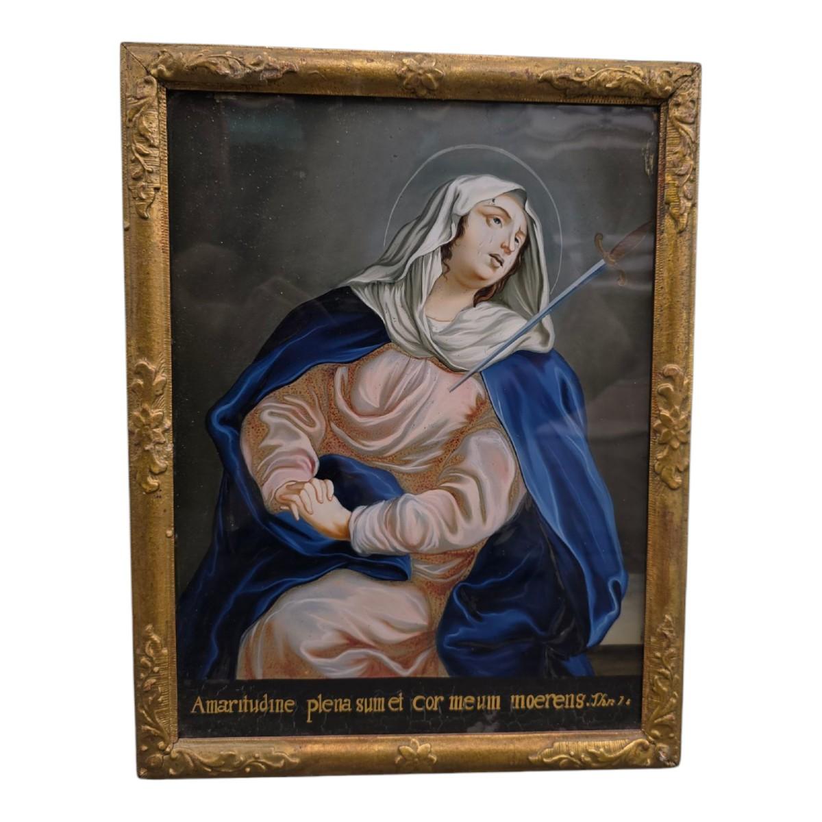 Huile sur verre représentant Notre-Dame des Douleurs - XVIIIe siècle en vente 1