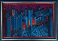 Quadro ad olio su vetro "Luci della città" dipinto dall'artista jugoslavo M. Pipić nel 1977