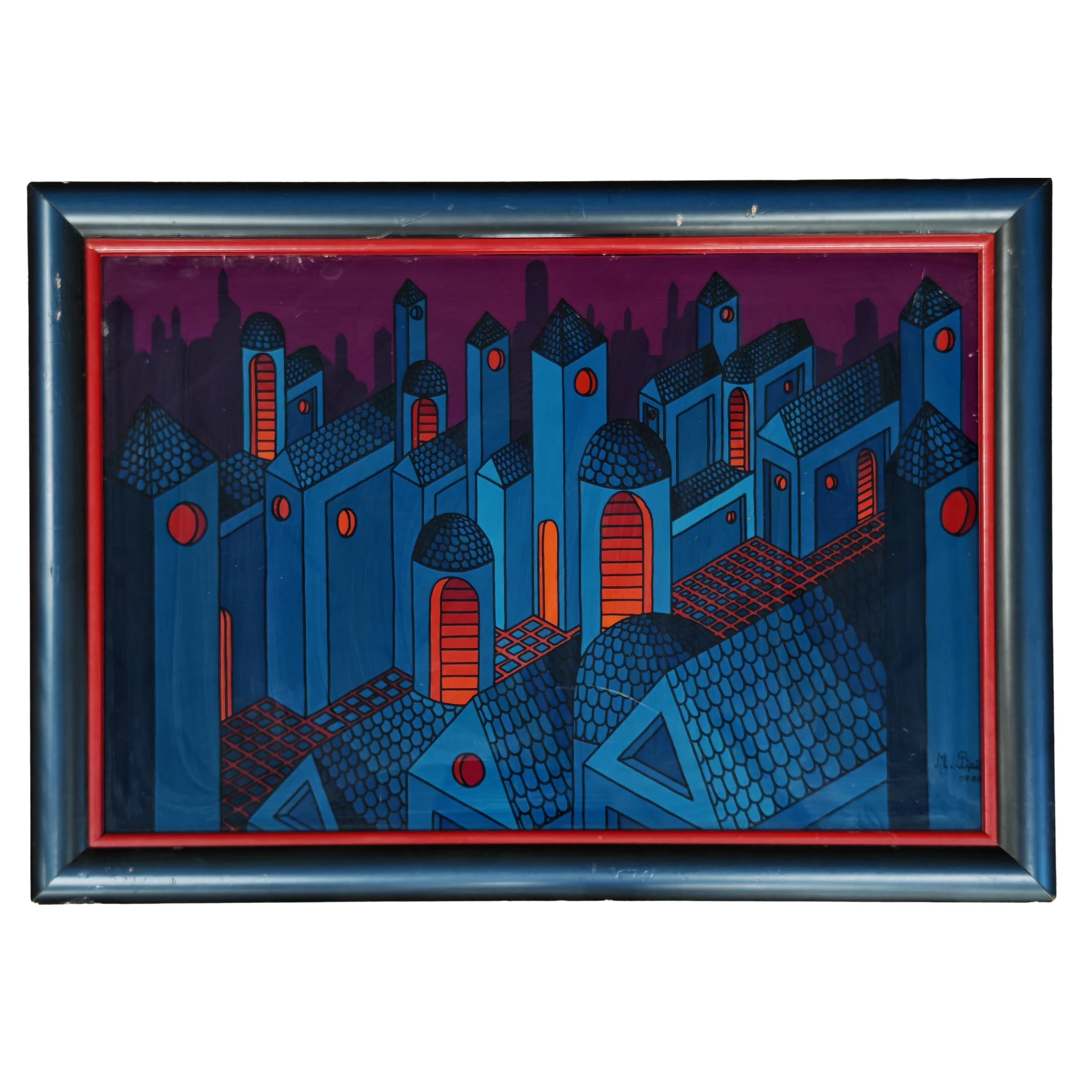 Oil on glass painting "City lights" painted by Yugoslav artist M. Pipić in 1977