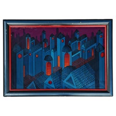 Oil on glass painting "City lights" painted by Yugoslav artist M. Pipić in 1977