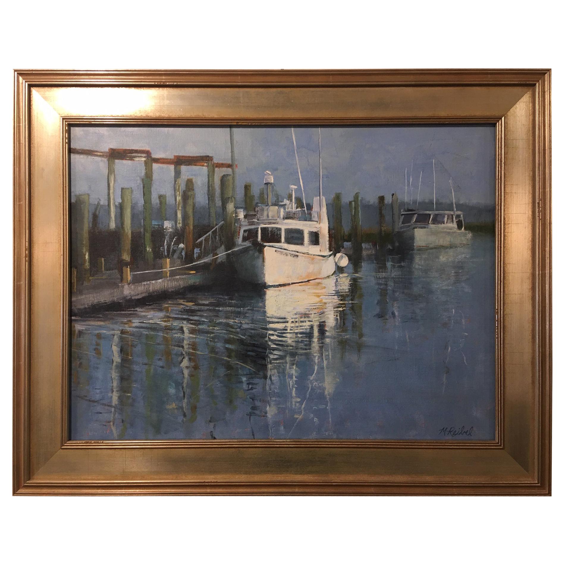 Oil on Linen Panel "Canyon Runner", Boats at Dock, Michael Reibel