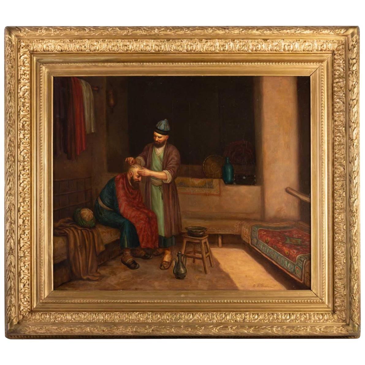 Oil on Orientalist Canvas "The Turkish Barber", 19th Century