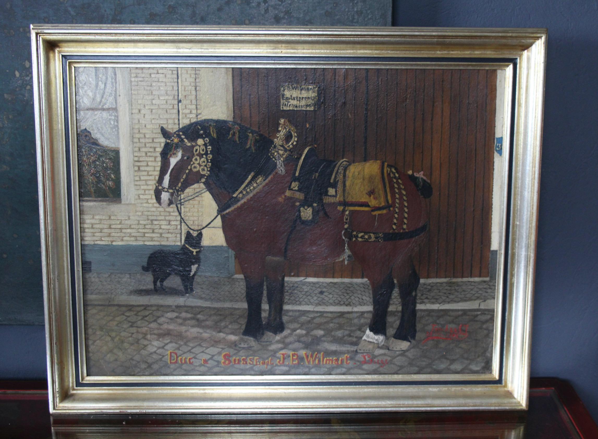 Olio su pannello un cavallo davanti a una stalla o una fattoria