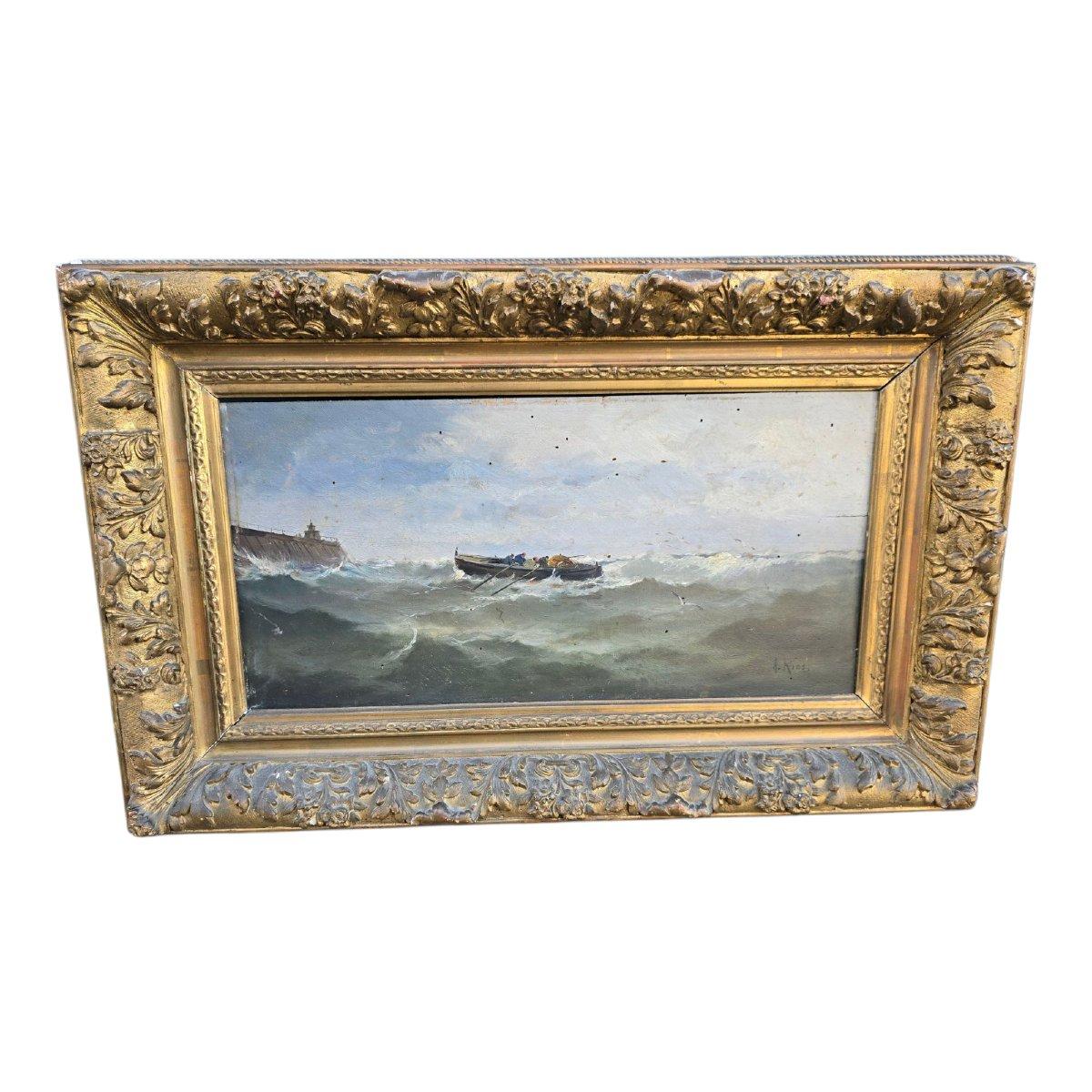 Ölgemälde auf Tafel: Baskenmauern im Hafen von Santander im Angebot 2