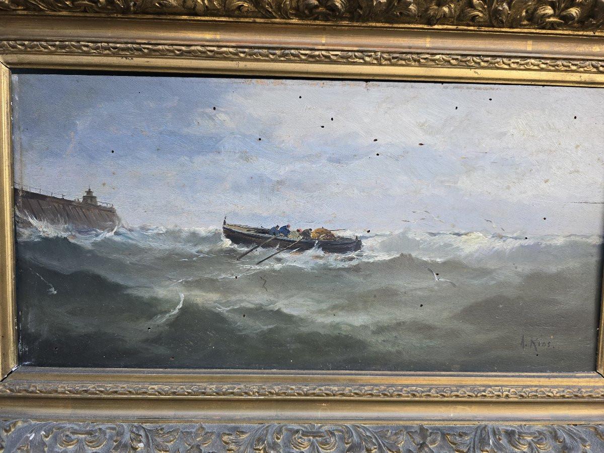 Ölgemälde auf Tafel: Baskenmauern im Hafen von Santander im Angebot 3
