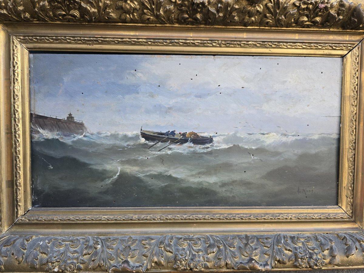 Ölgemälde auf Tafel: Baskenmauern im Hafen von Santander im Angebot 4