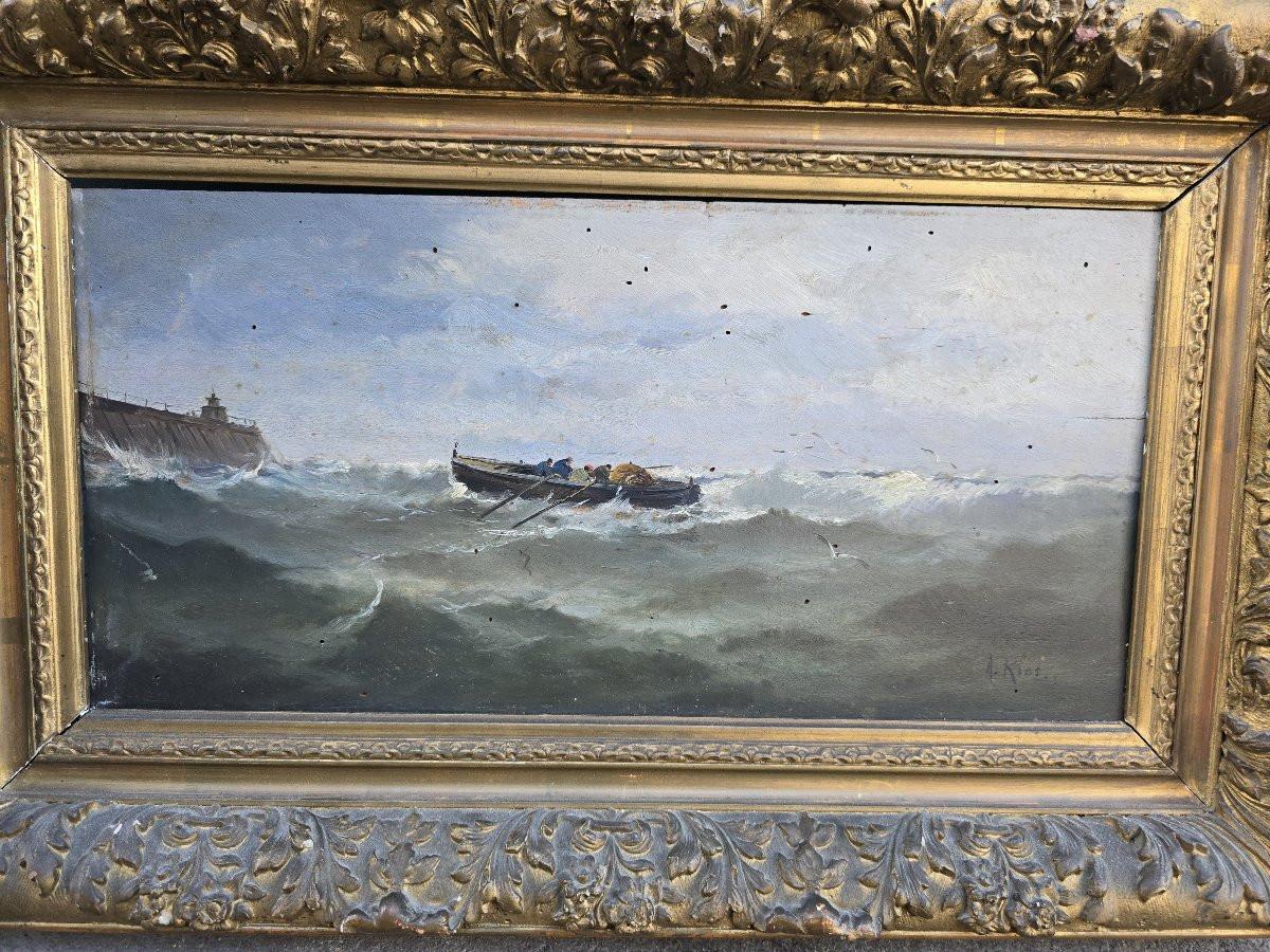 Ölgemälde auf Tafel: Baskenmauern im Hafen von Santander (19. Jahrhundert) im Angebot