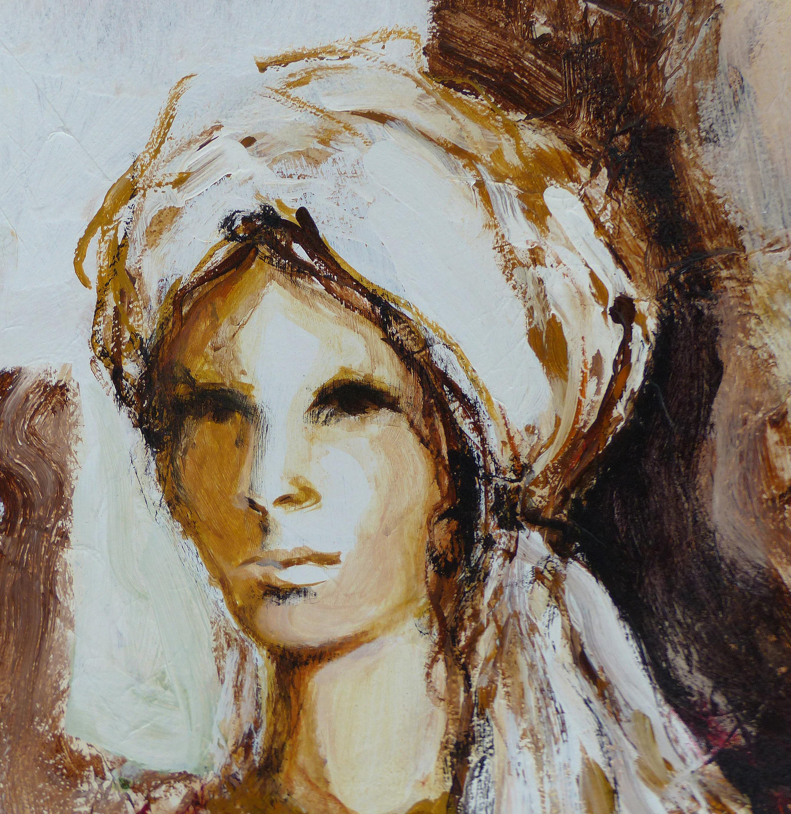 Oil on Panel Board of a Seated Woman with Head Scarf, Unsigned, circa 1965

Offered for sale is a large oil on panel board depicting a seated woman with a head scarf. Unsigned, framed with a wood and metal frame. Wired and ready to hang.