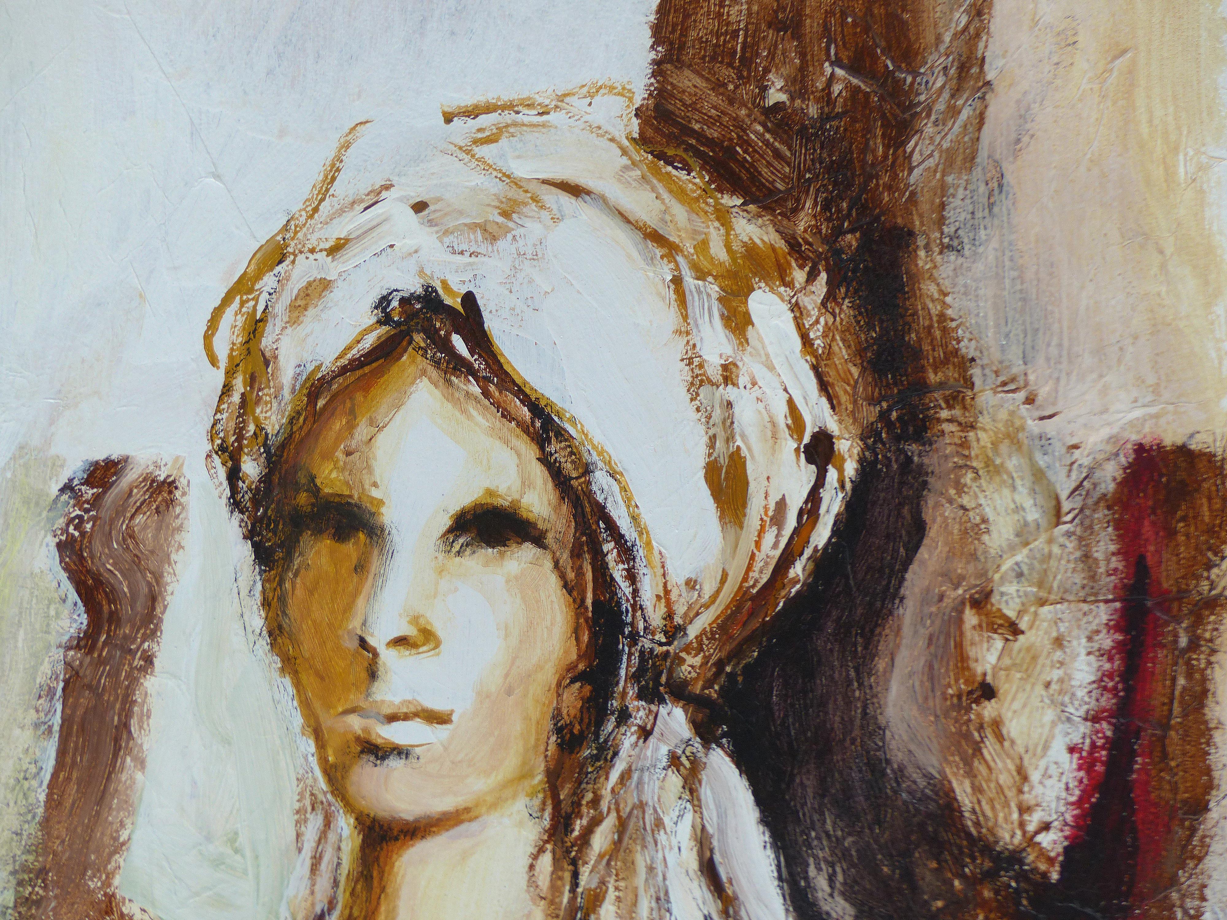 Oil on Panel Board of a Seated Woman with Head Scarf, Unsigned, circa 1965 In Good Condition In Miami, FL