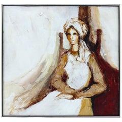 Oil on Panel Board of a Seated Woman with Head Scarf, Unsigned, circa 1965