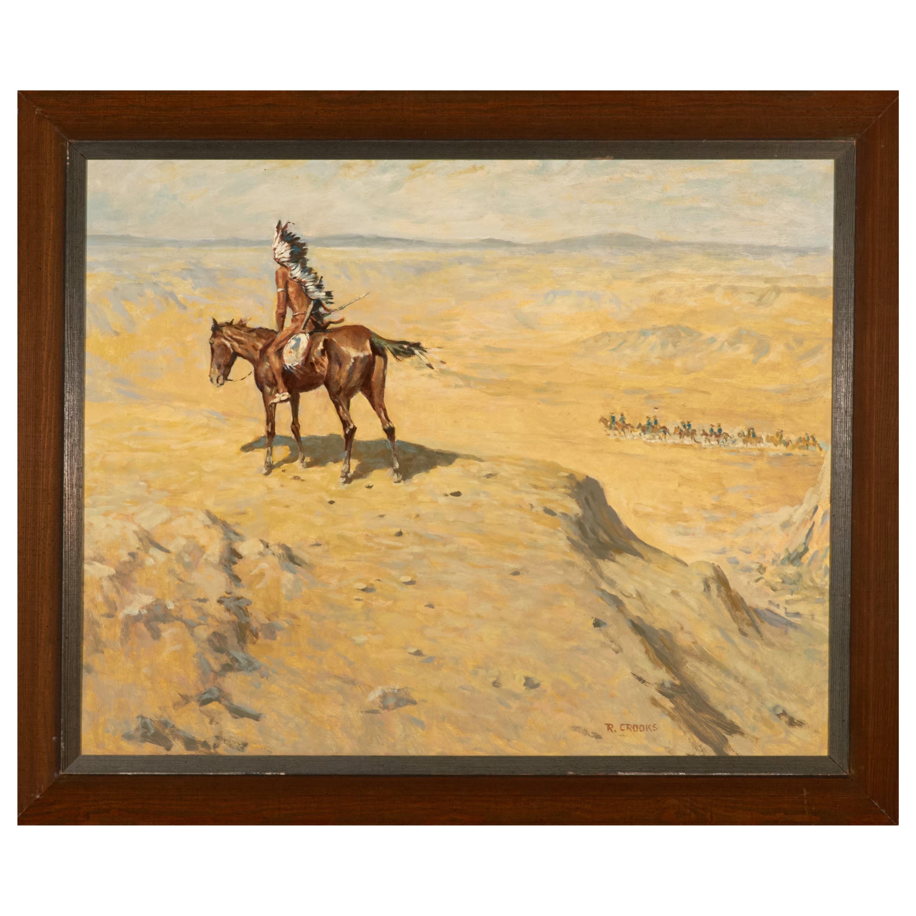 Oil on Panel by Listed Artist Ronald Crooks Indian Chief on Bluff