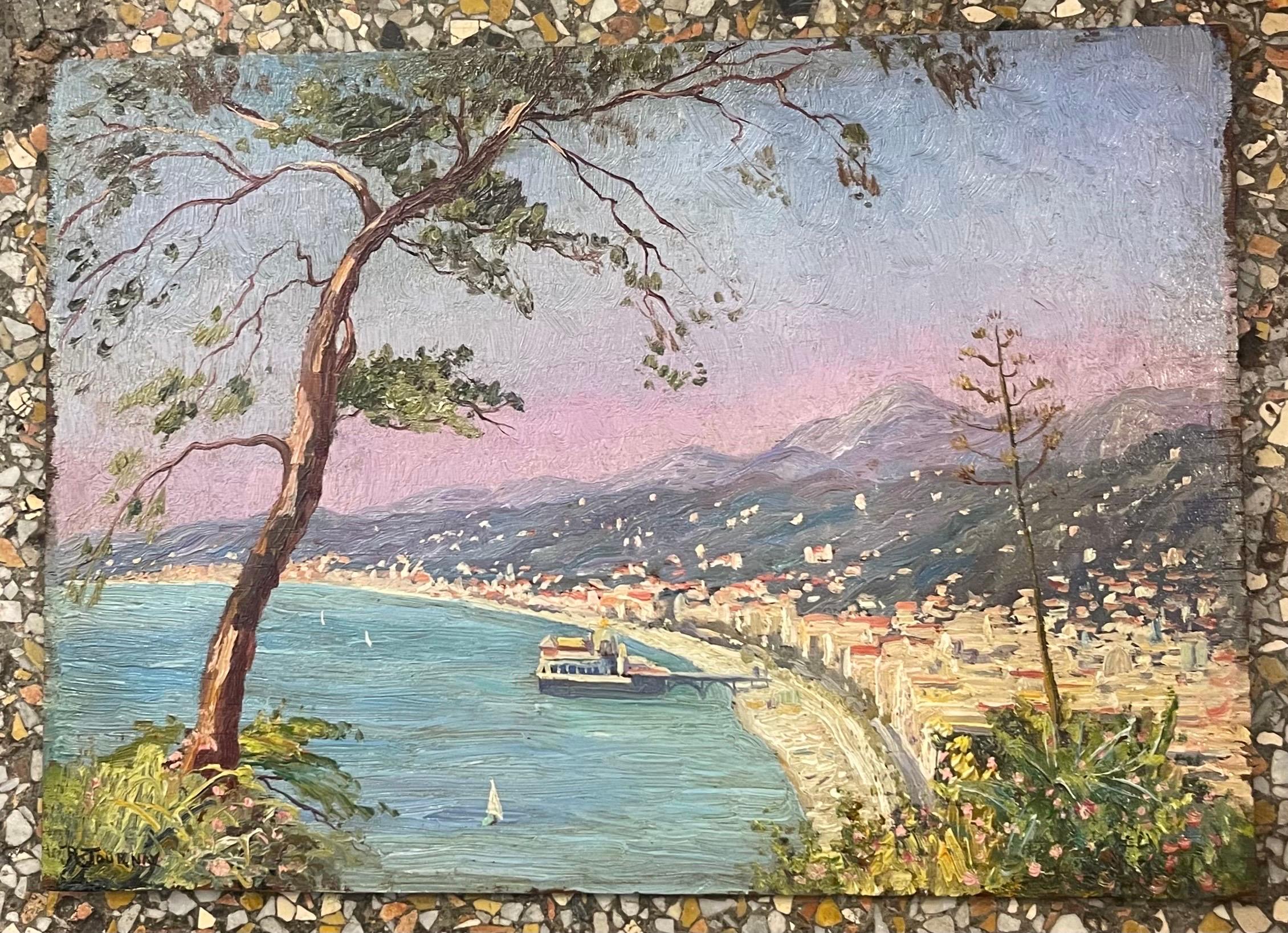 Olio su pannello Città di Nizza, il casinò 
firmato R Journay 1930 Francia
Questo delizioso dipinto rappresenta una vista panoramica della Costa Azzurra. La Baia degli Angeli, il suo favoloso casinò sul Mar Mediterraneo, la città di Nizza e le Alpi