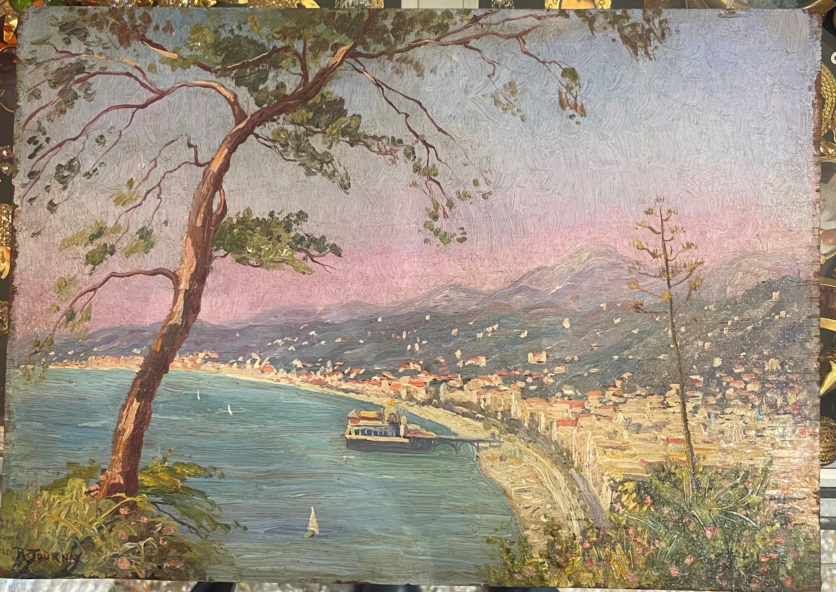 Olio su pannello Città di Nizza, il Casinò firmato Journay 1930 Francia In condizioni buone in vendita a palm beach, FL