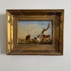 Óleo sobre tabla - Vacas bebiendo - Jean-Baptiste Berré, 1830 - Marco dorado