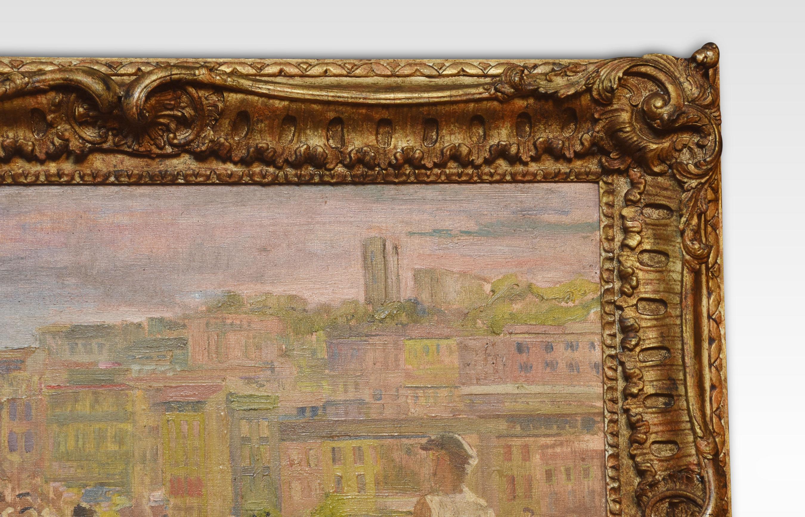 Oil on panel of figures in an Italian city, cased in giltwood frame, singned to bottom left.
Dimensions
Height 26.5 Inches
Width 30 Inches
Depth 3 Inches.