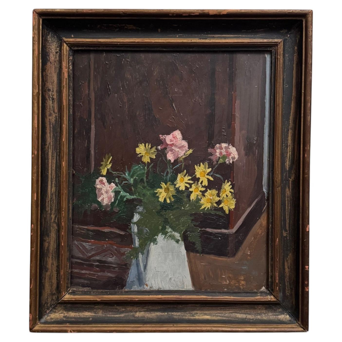 Huile sur panneau, début du 20e siècle - Bouquet de fleurs dans un vase en vente