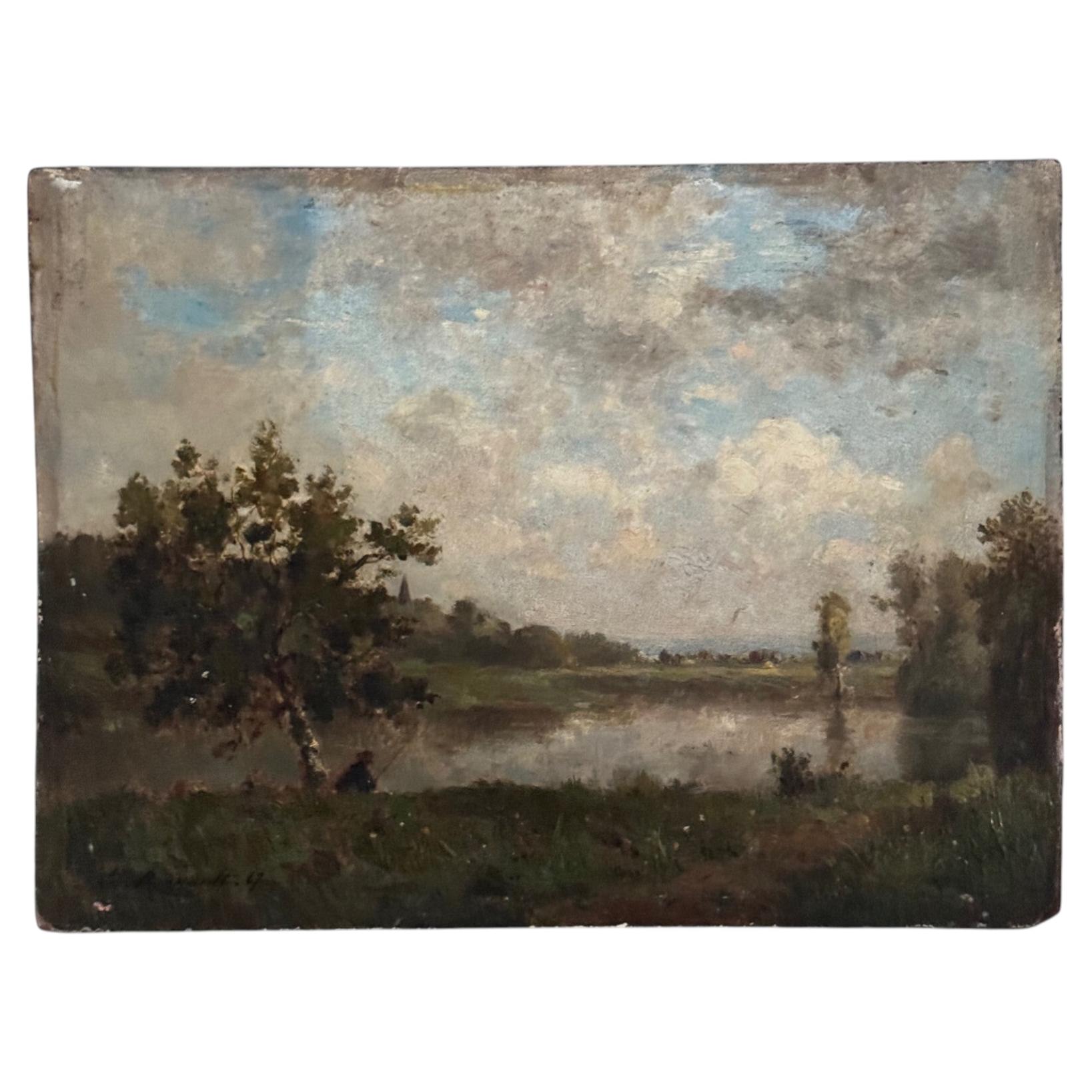 Olio su pannello - Pescatore in riva al mare - Barbizon del XIX secolo - di Ch.-E. Renaul