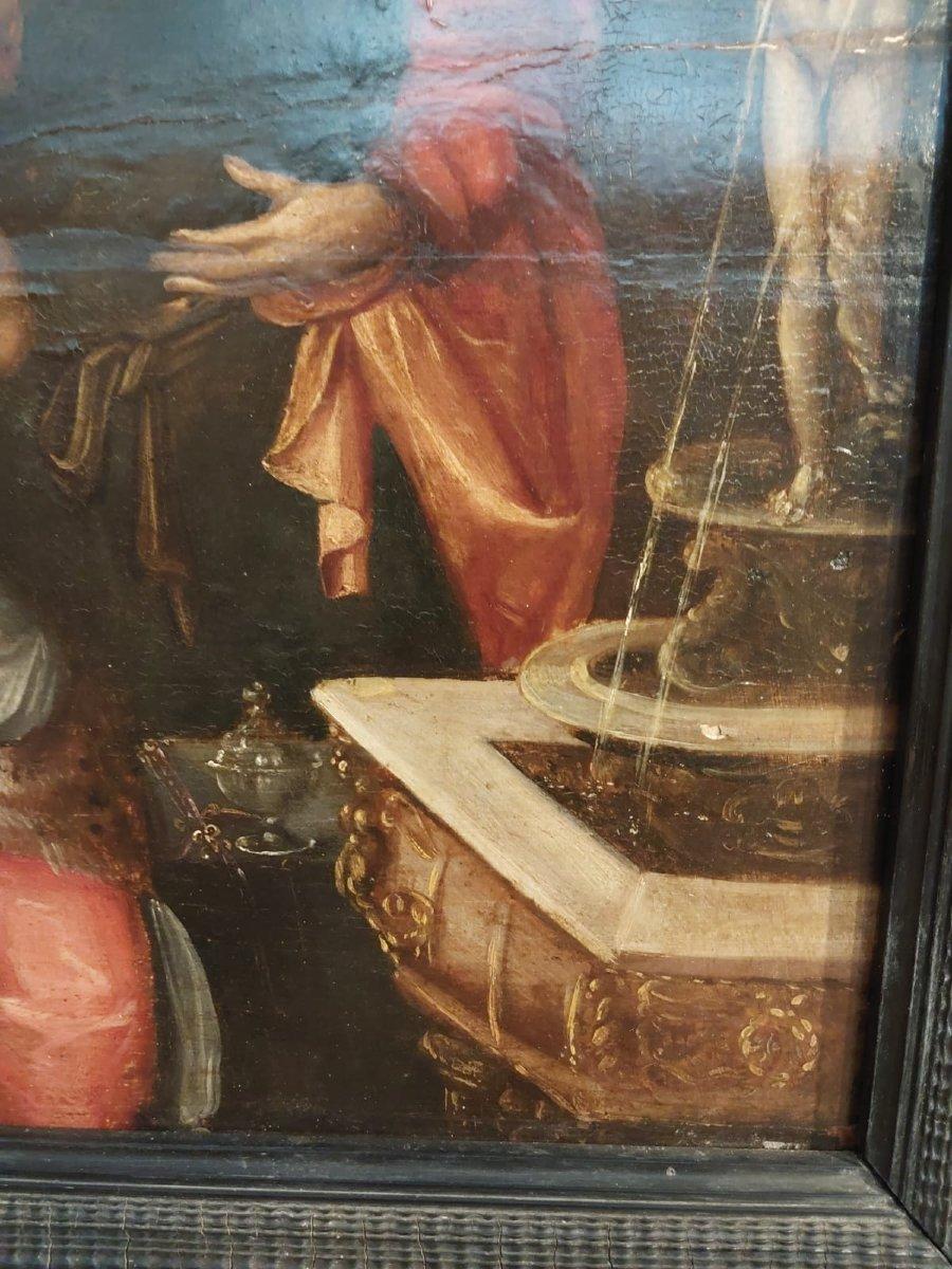 Antikes dekoratives Ölgemälde auf Holztafel, das der flämischen Schule des 17. Jahrhunderts angehört. Das Werk stellt die biblische Szene 