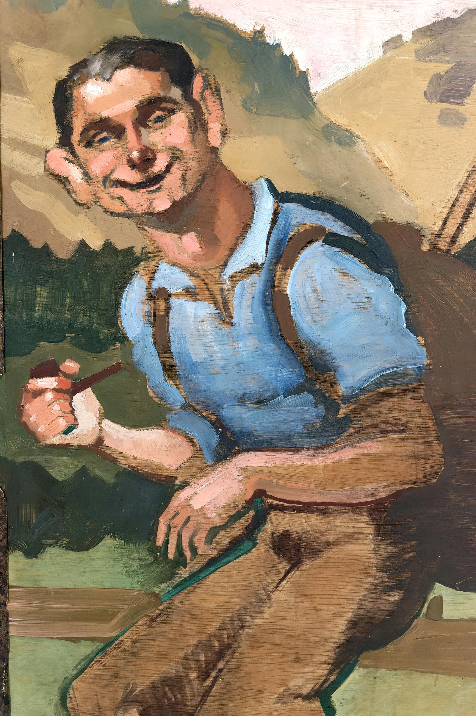 Art Deco Oil on panel, Hiker with a Pipe, Michel Jamar, France, circa 1930-1940 For Sale