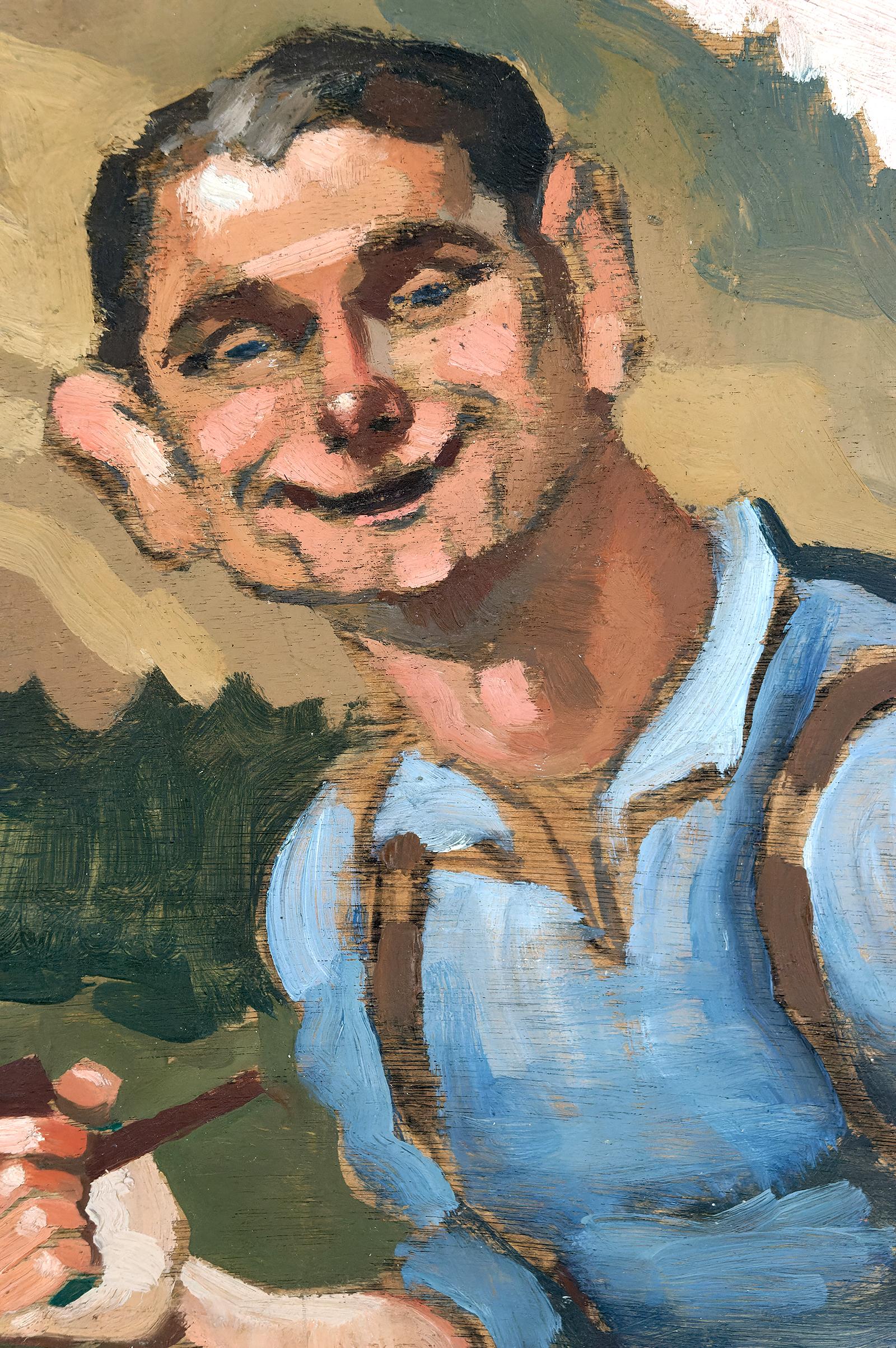 French Oil on panel, Hiker with a Pipe, Michel Jamar, France, circa 1930-1940 For Sale