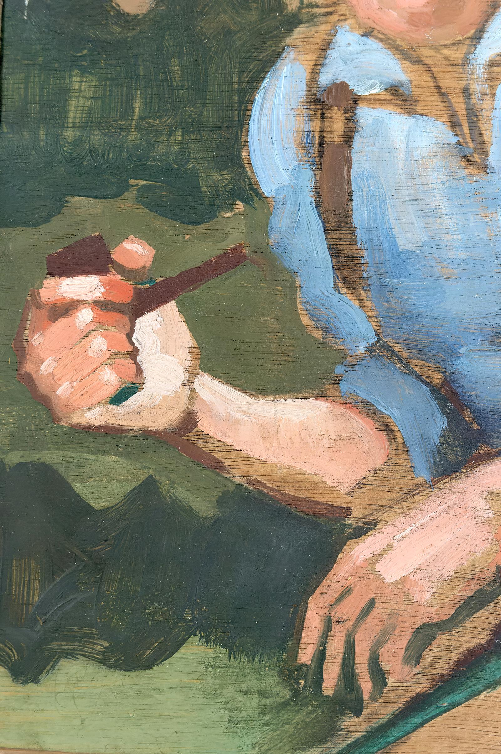 Gilt Oil on panel, Hiker with a Pipe, Michel Jamar, France, circa 1930-1940 For Sale