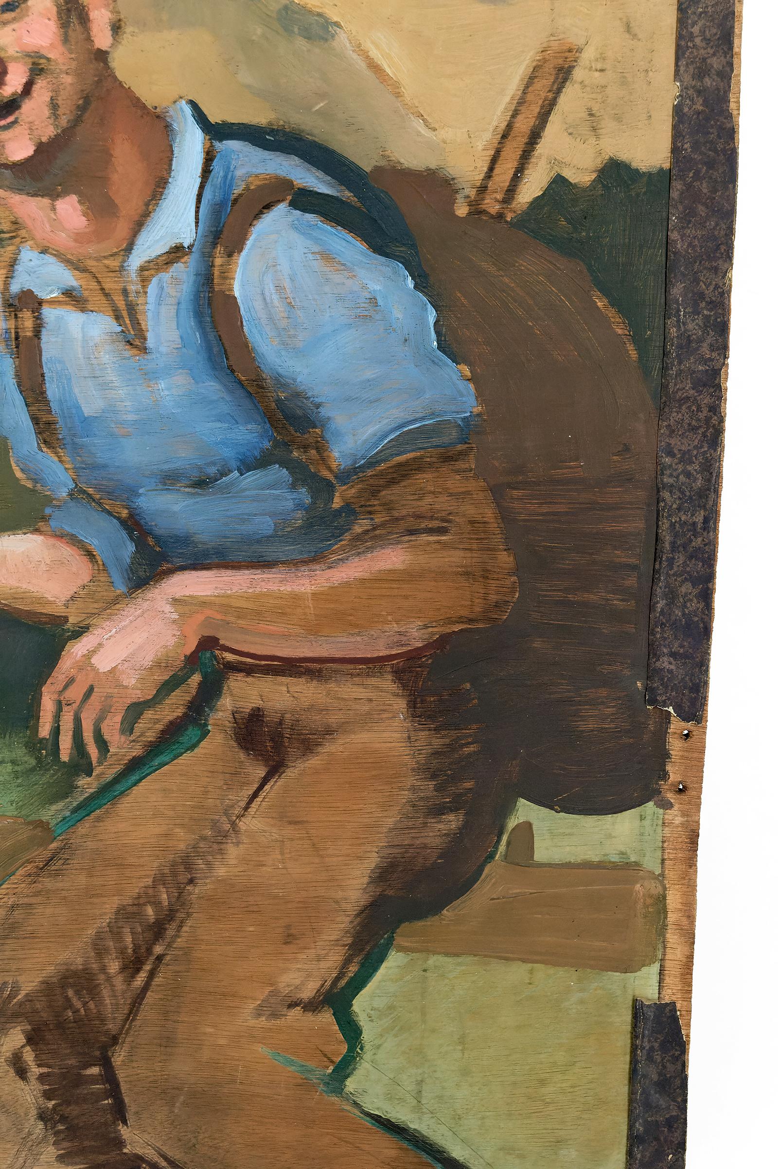 Oil on panel, Hiker with a Pipe, Michel Jamar, France, circa 1930-1940 In Fair Condition For Sale In VÉZELAY, FR