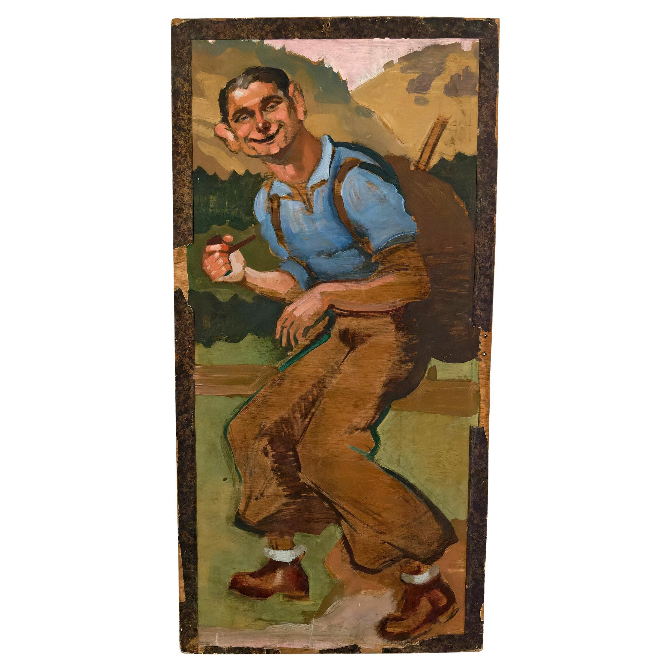 Oil on panel, Hiker with a Pipe, Michel Jamar, France, circa 1930-1940 For Sale