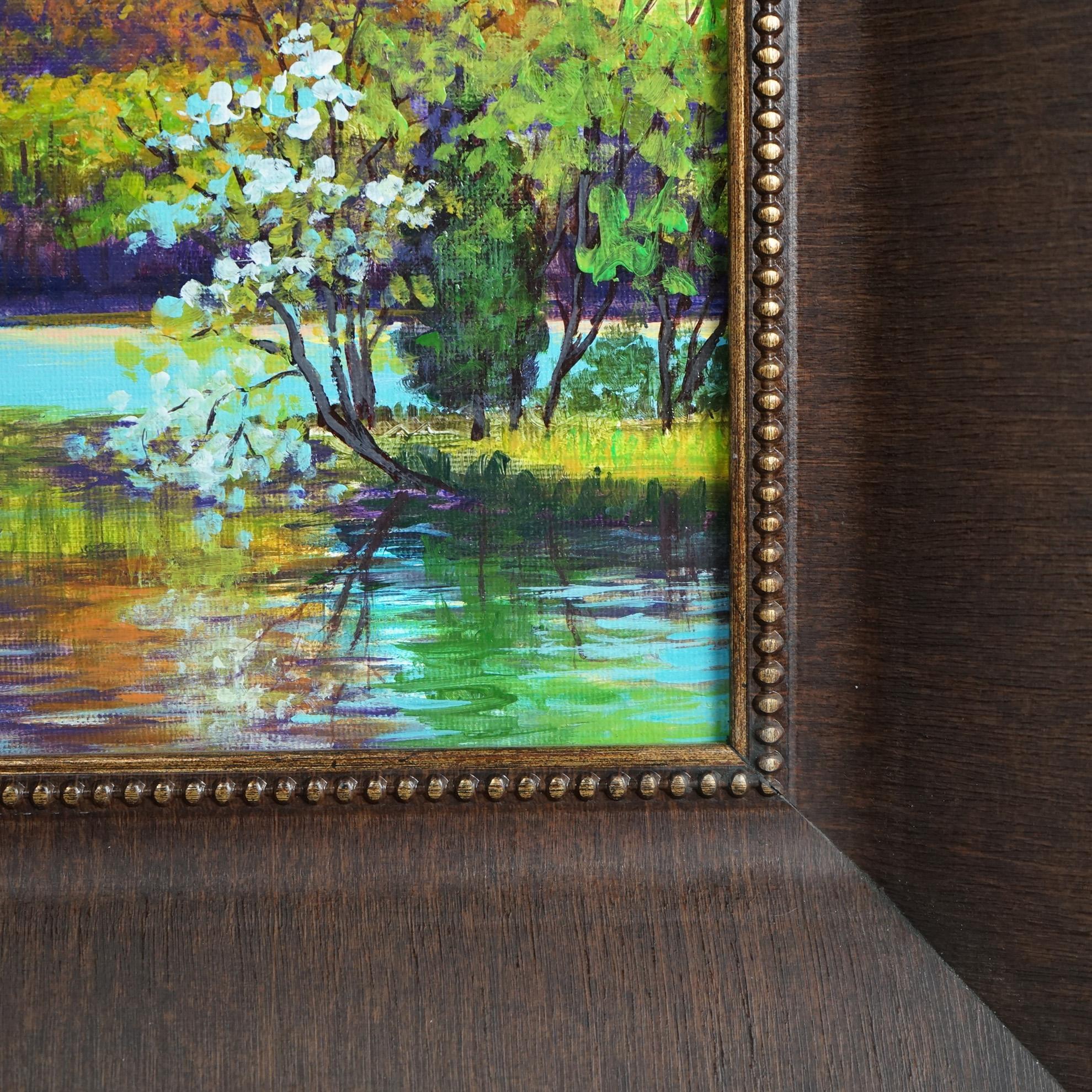 Wood Oil on Panel Landscape Painting, Spring Eve by Susan Oller, Framed, 20th C For Sale