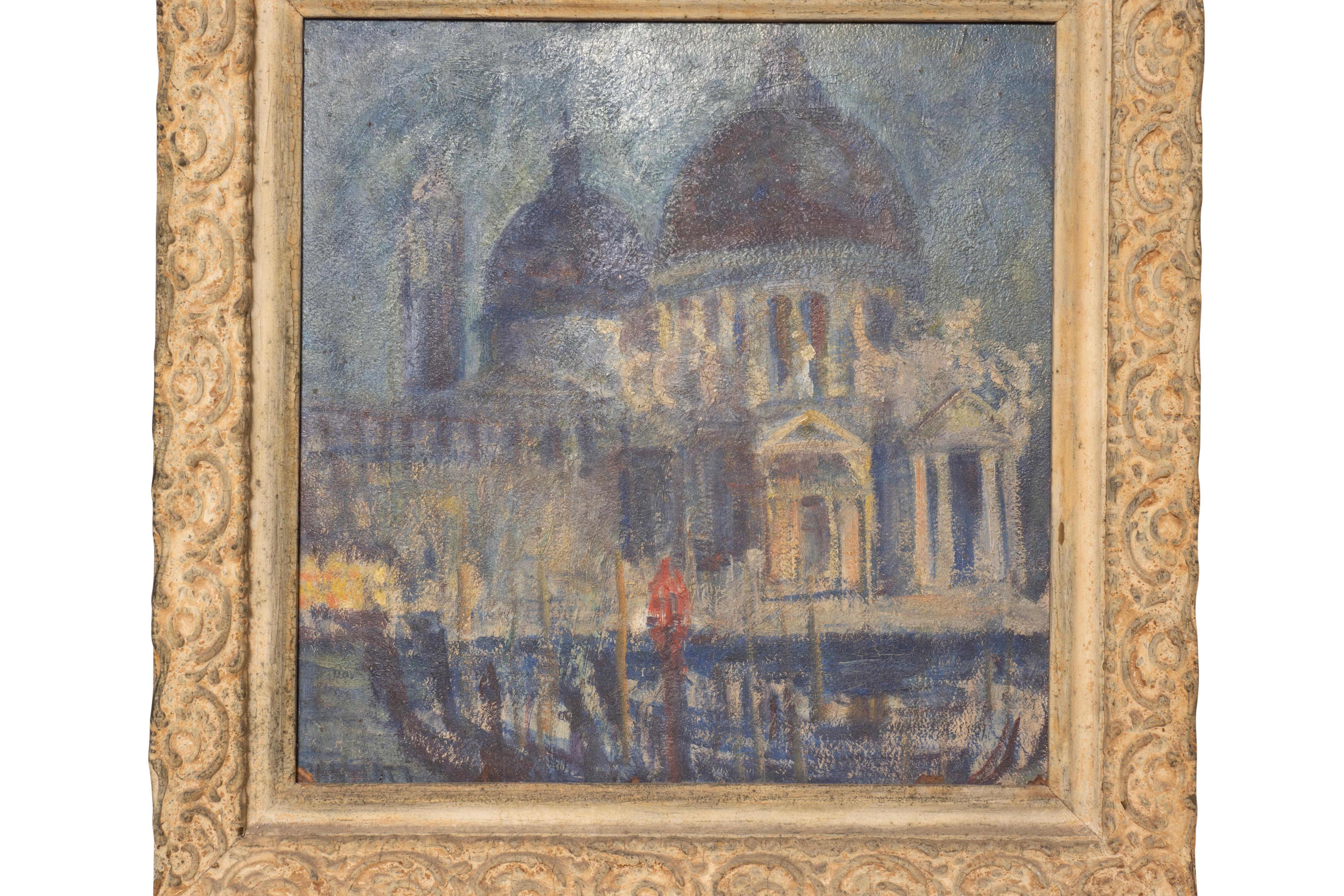Depicting the famous church on the Grand Canal.Abstractly done showing the building and water with the gondolas. Not signed but an interesting painting. Molded off white painted frame.